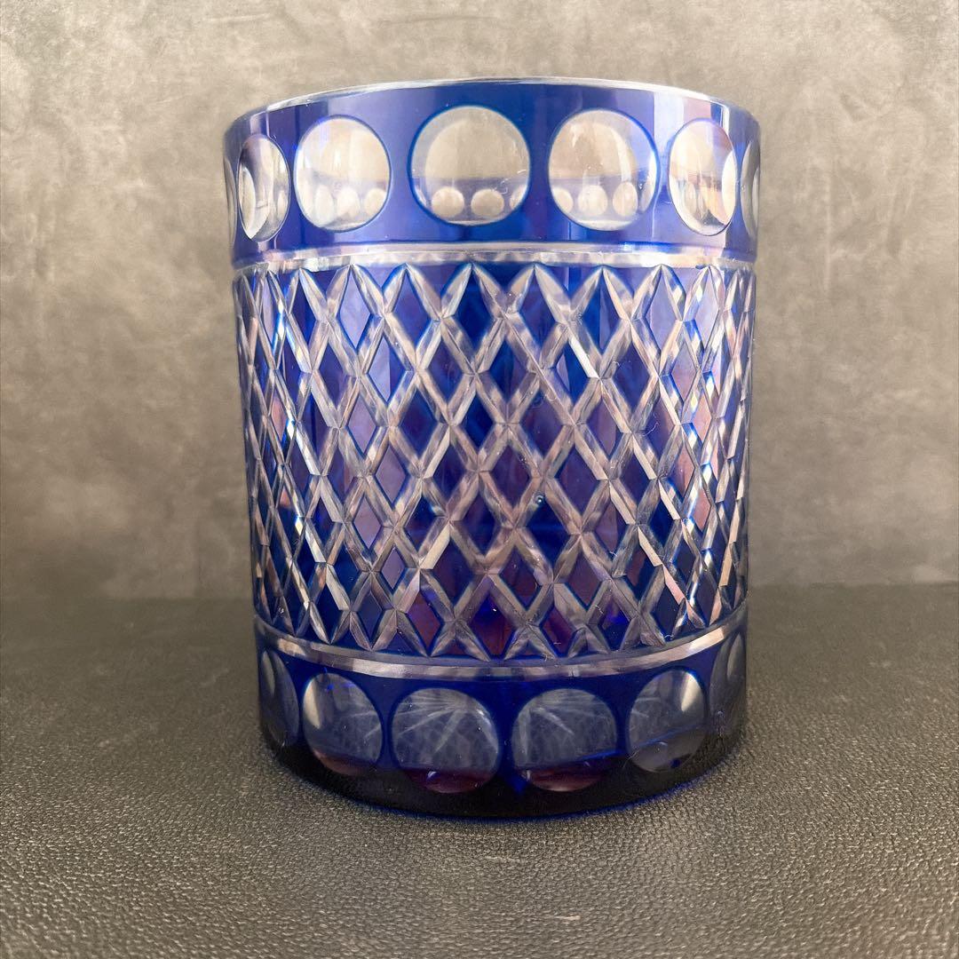 【美品】　江戸切子ガラス　瑠璃色 水指 / 茶道具 ふた、共箱付き　水差し