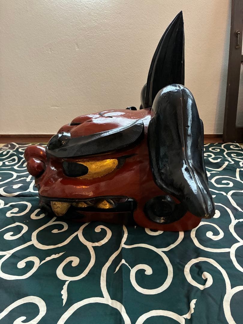 昭和 美品 獅子舞 獅子頭 祝い獅子 木彫り 骨董 唐草模様 風呂敷 希少 レア