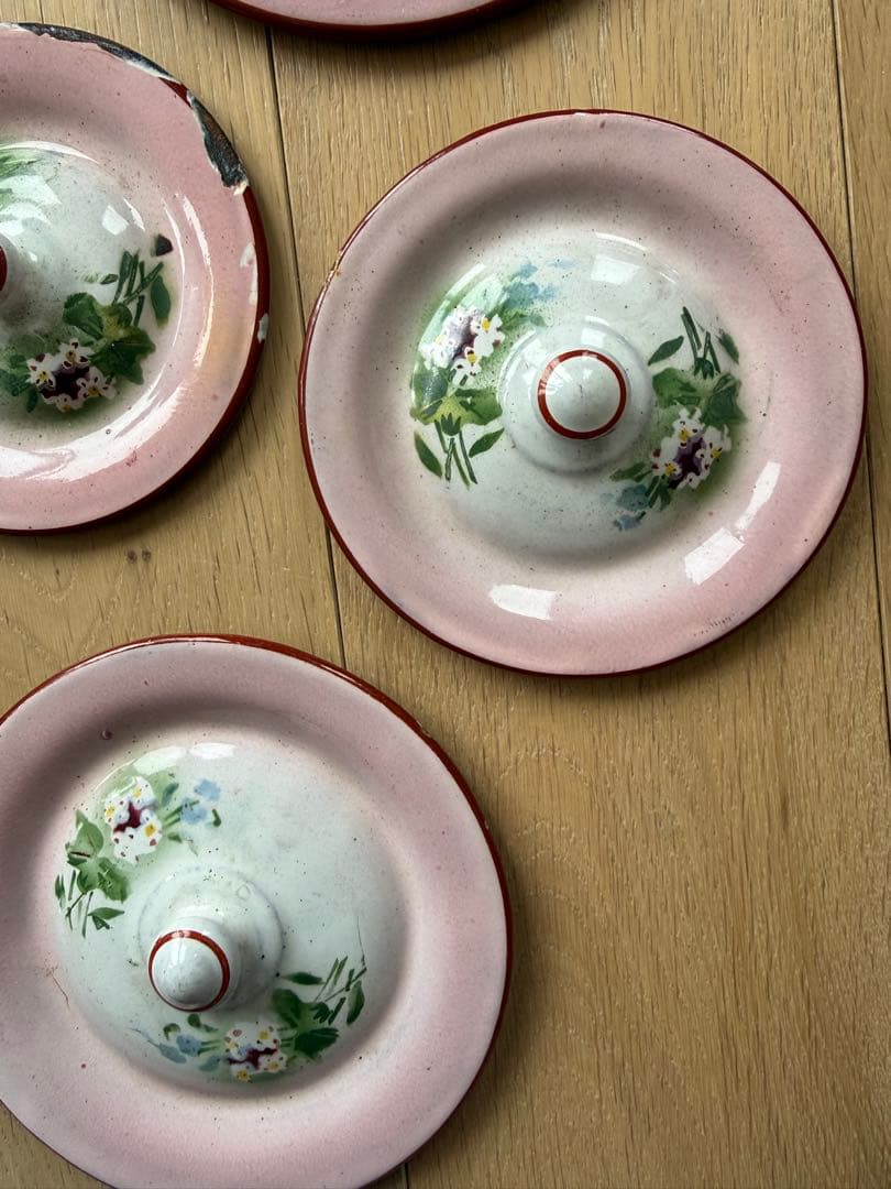 フランスアンティークシャピー社ウエディングセットピンクぼかしホーロー片手鍋蓋のみ