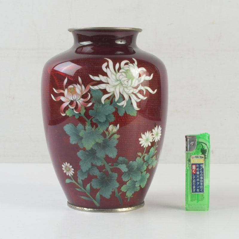 七宝焼　CLOISONNE刻印　赤透四君子文　花瓶　V　9875