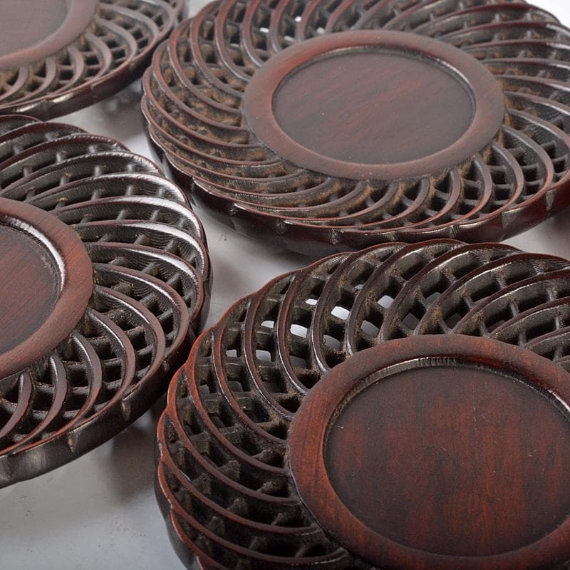 中国　唐木紫檀製　透かし彫り　茶托　五客　V　R6533E