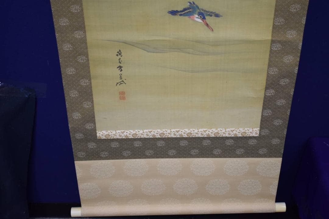 真作/佐伯岸岱/花鳥の図/佐伯岸駒の長男/桐題箱付/布袋屋掛軸HH-529