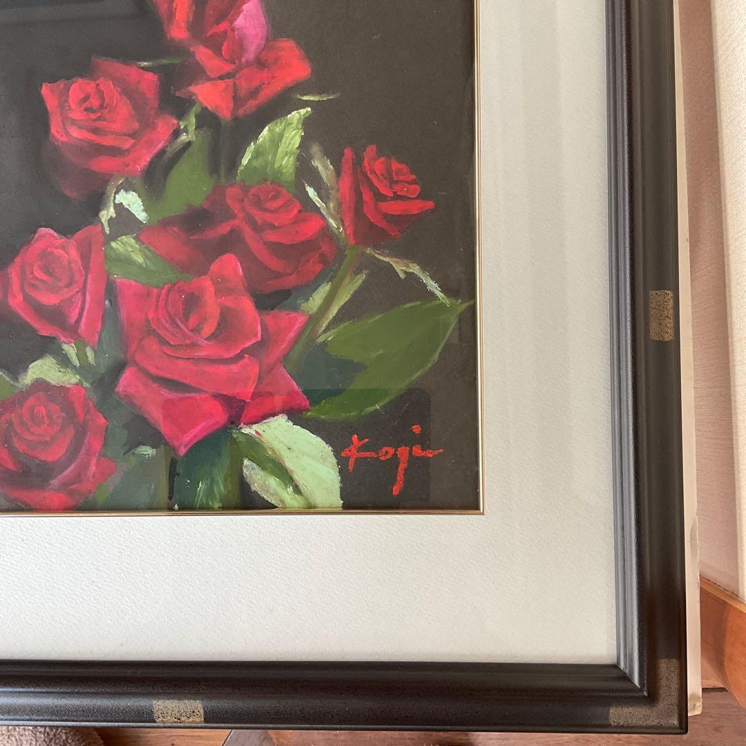 パステル画　渡壁公義「赤い薔薇」４号