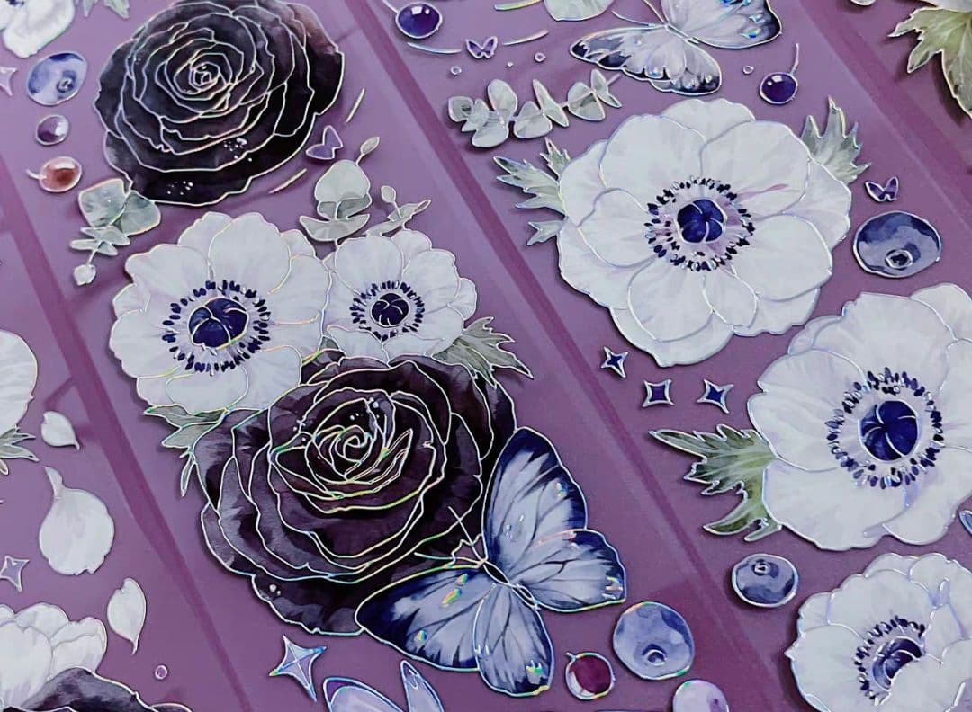 巻売 272★ 海外 マスキングテープ マステ PET 装飾 花 蝶 銀ホロ