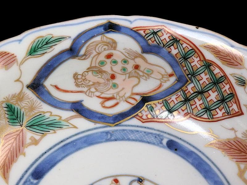古伊万里　染錦　獅子に七宝紋の図　膾皿　２客　D797AS-fbqy