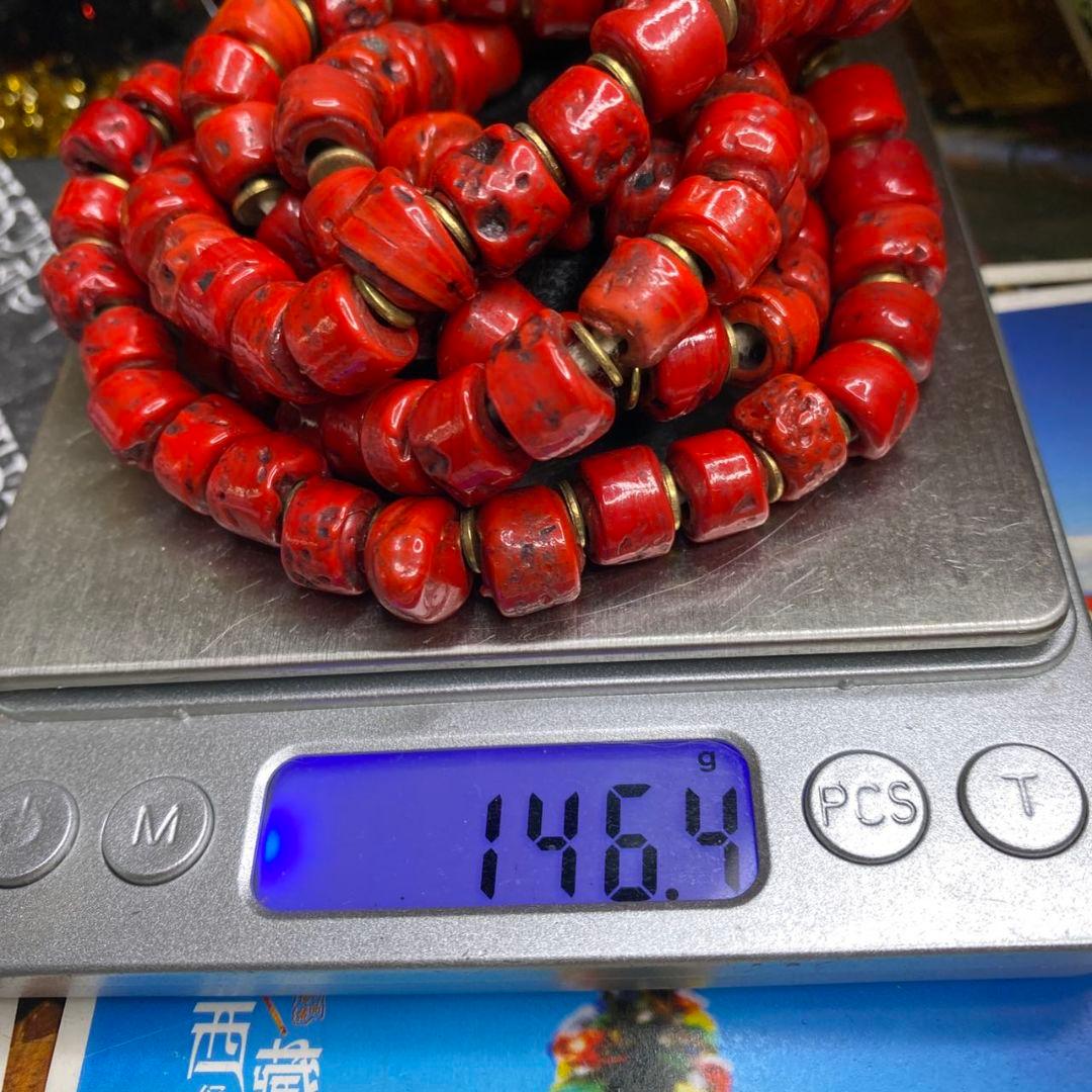 逸品 ネパール 老料ヒマラヤンコーラル ビーズ 赤サンゴ調三連 遵型 ネックレス