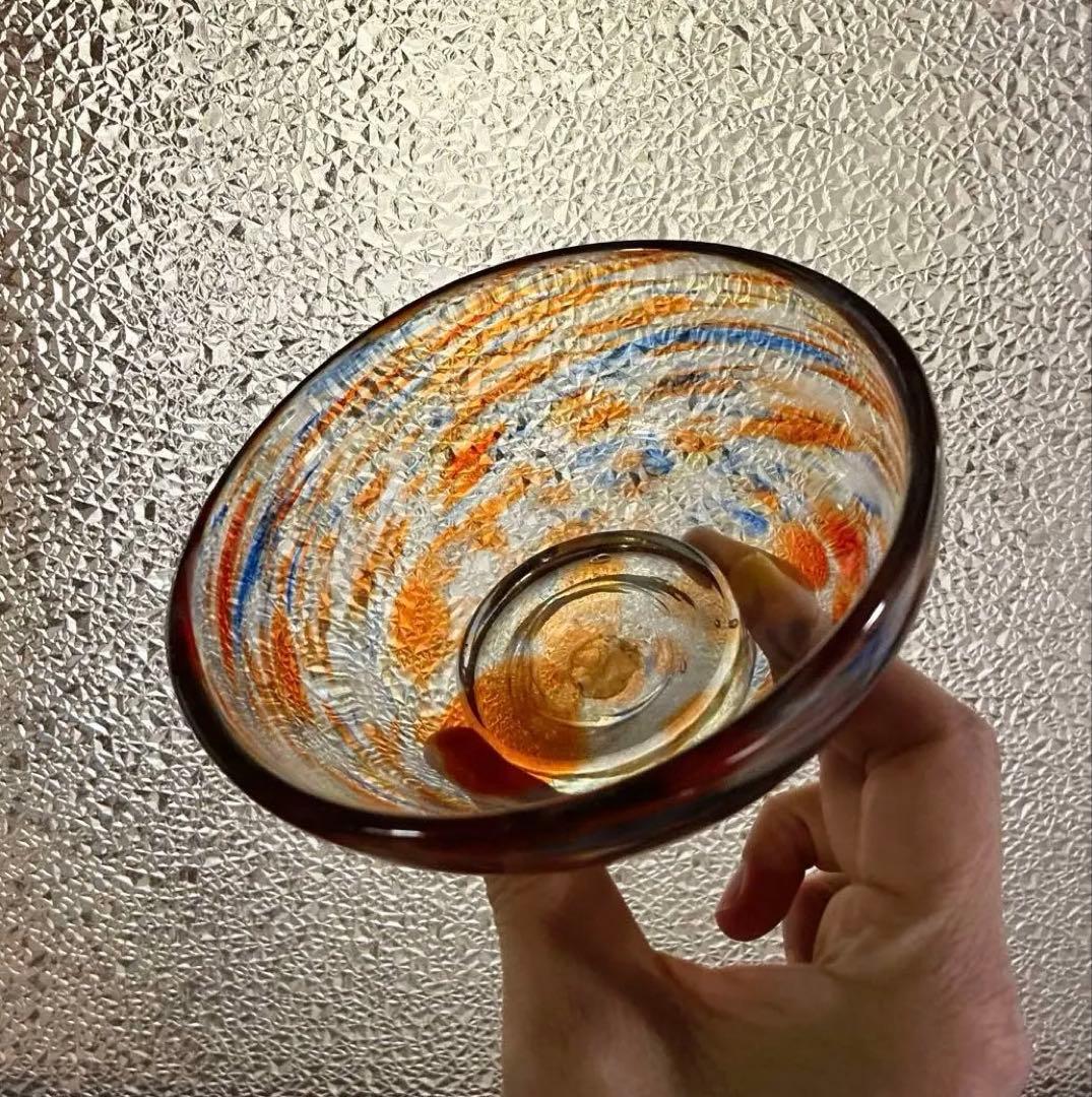 骨董　時代ガラス　希少　碗型　３色　吹雪紋　氷コップ　氷鉢　夏茶碗　１客②