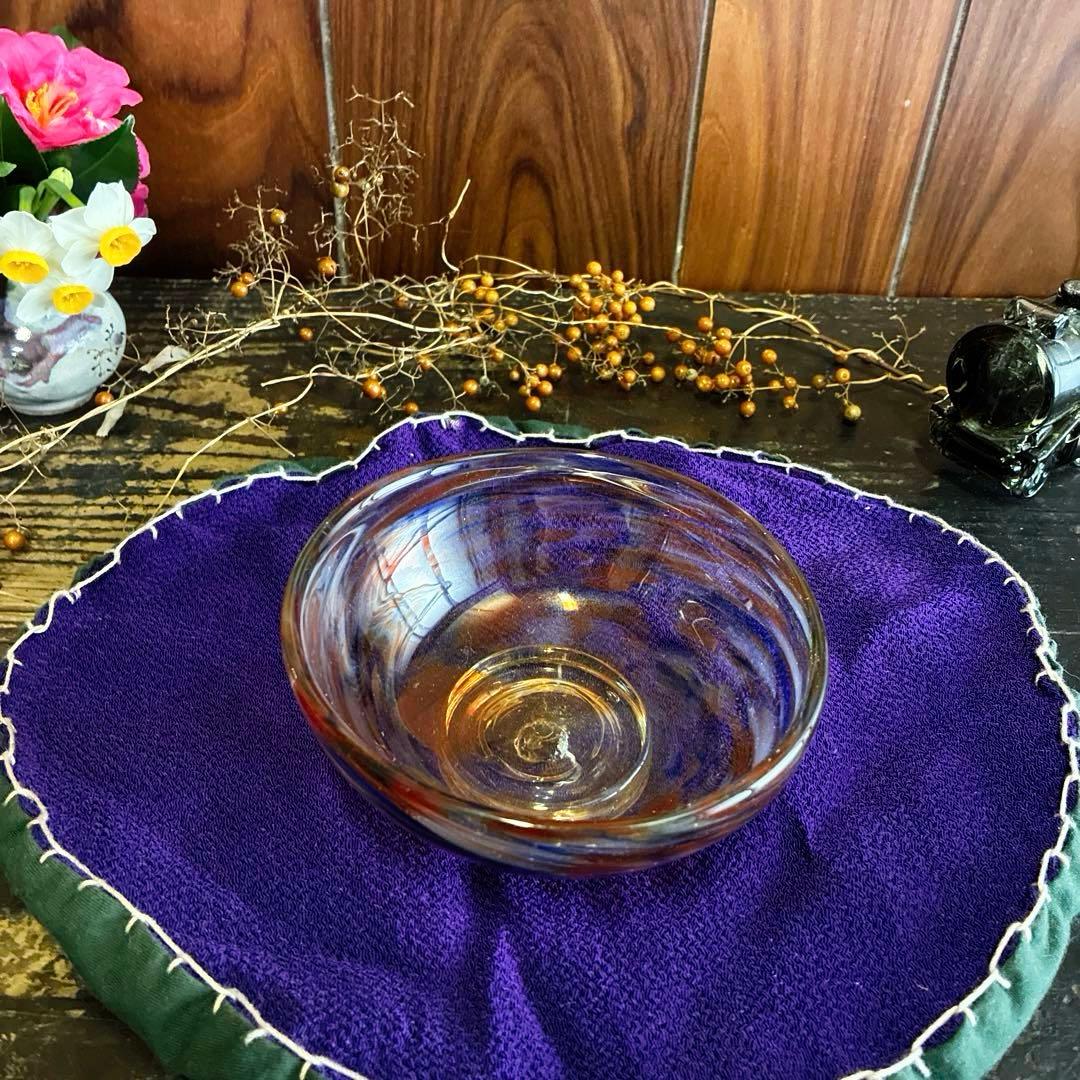 骨董　時代ガラス　希少　碗型　３色　吹雪紋　氷コップ　氷鉢　夏茶碗　１客②