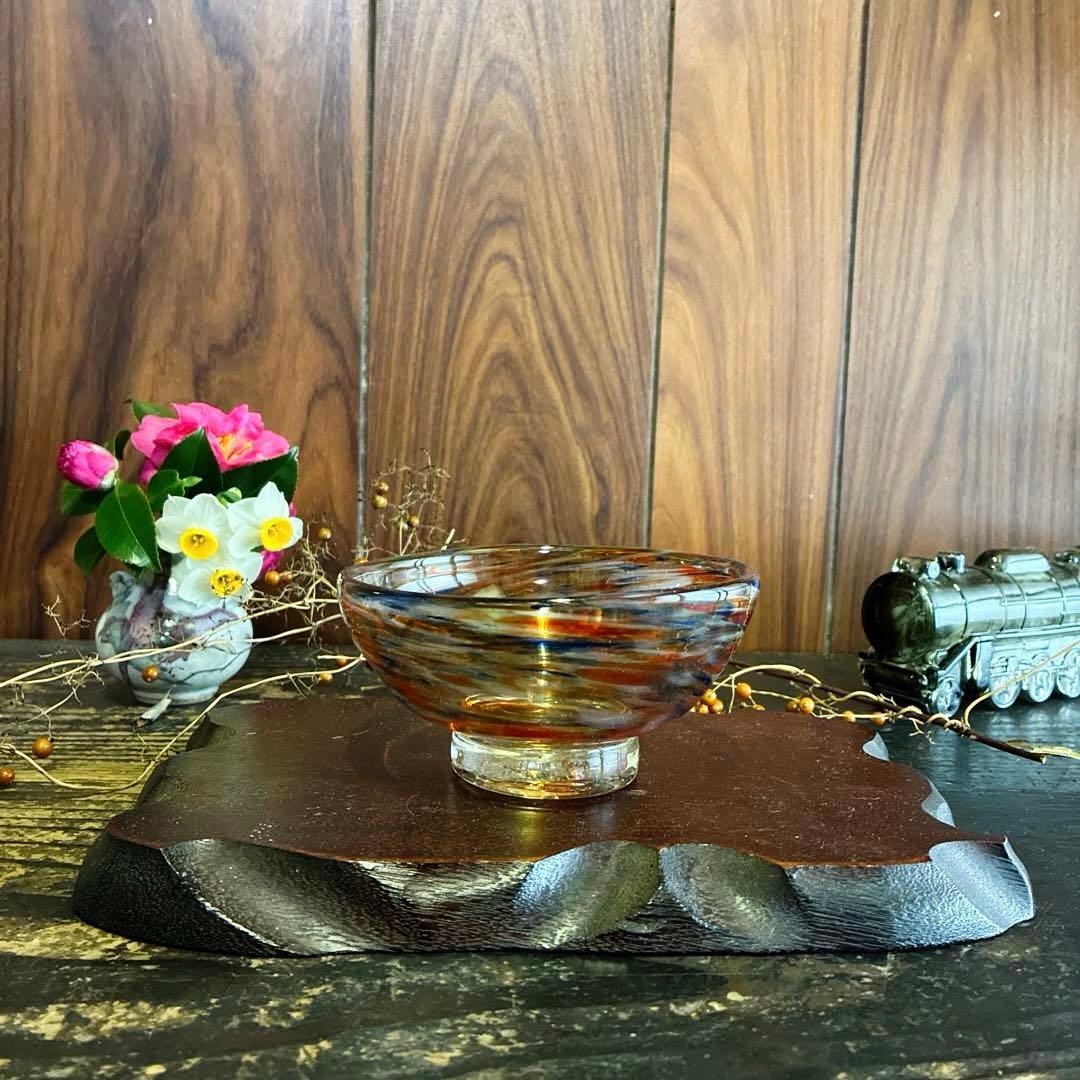 骨董　時代ガラス　希少　碗型　３色　吹雪紋　氷コップ　氷鉢　夏茶碗　１客②