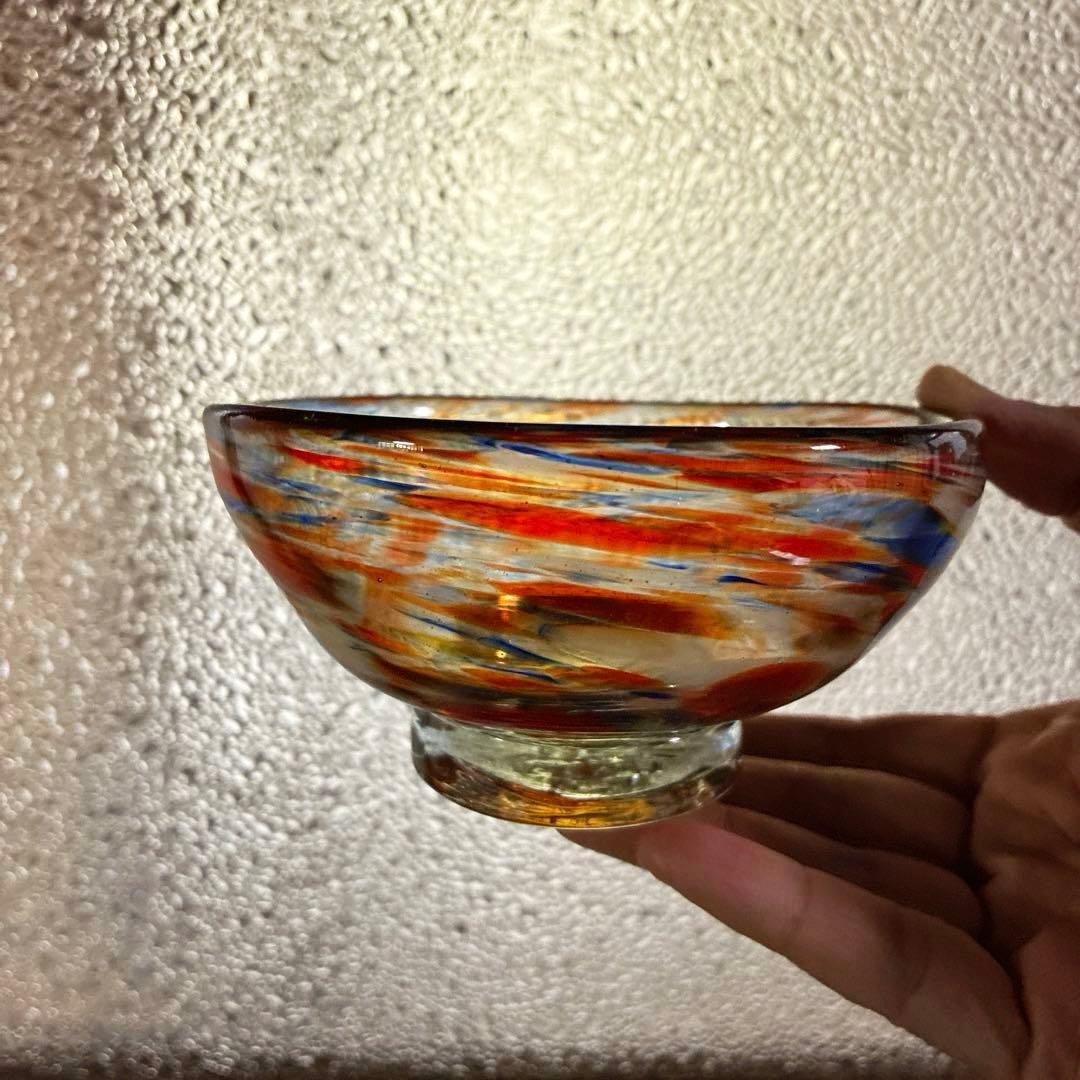 骨董　時代ガラス　希少　碗型　３色　吹雪紋　氷コップ　氷鉢　夏茶碗　１客②