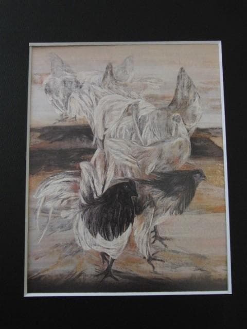 松井和弘、【群鶏（あさ図）】、希少な額装用画集より、新品額装付、状態良好