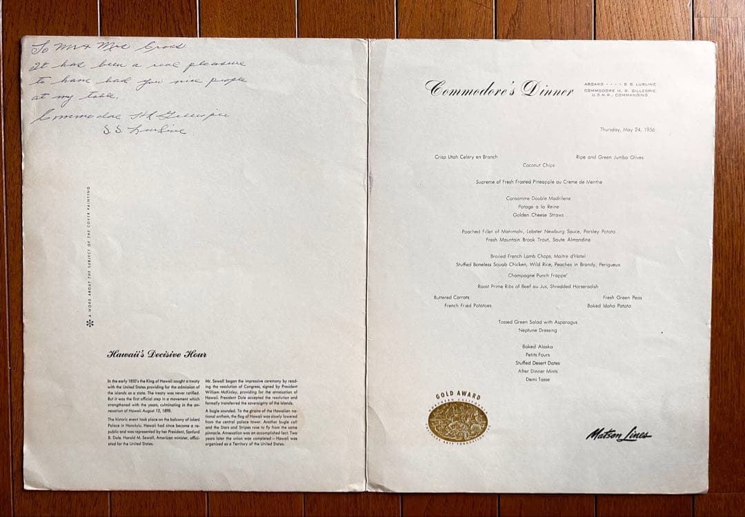 値下げ　貴重！今やアート！ 1956年代 Matson Line 客船のメニュー