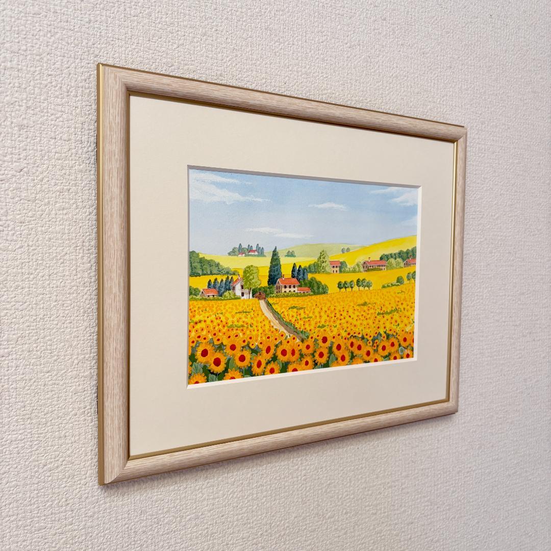 アクリル画　原画　「ひまわりの丘10」額縁付　SMサイズ　風景画