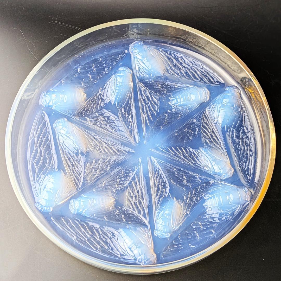 ラリックCigales 1921年セミ紋様26cm大蓋物 純正台座付　極希少