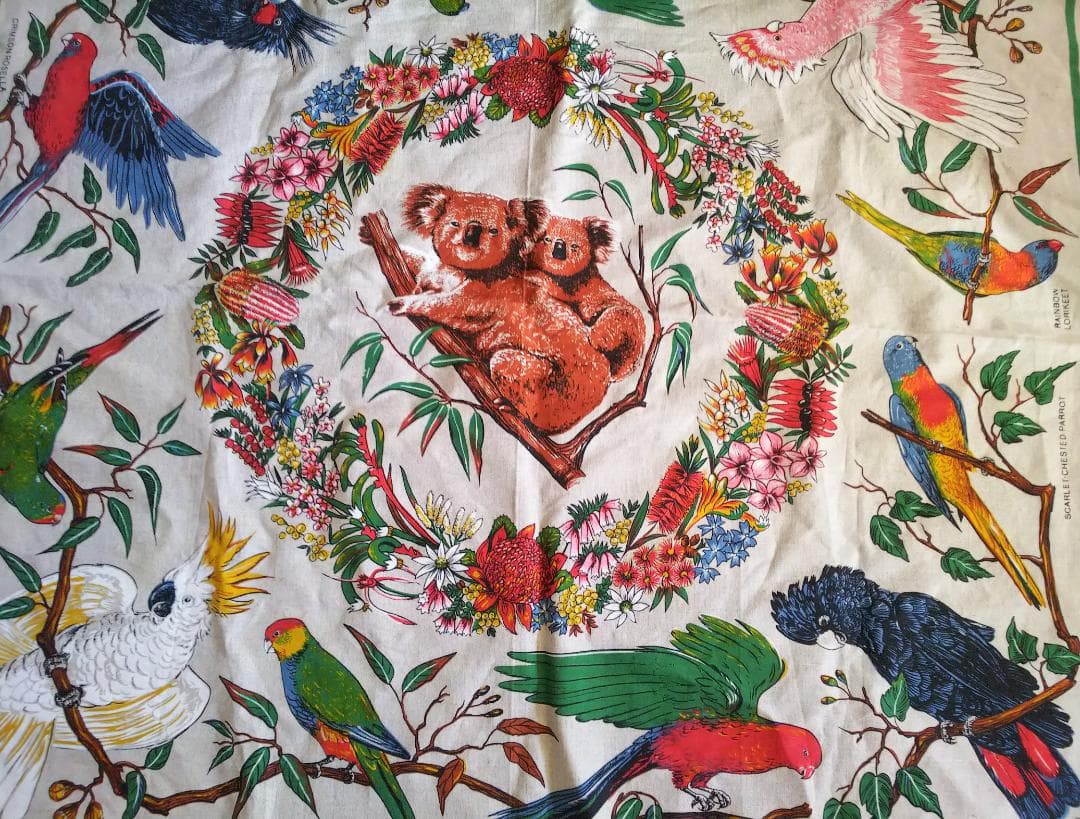 ヴィンテージ オーストラリア コアラ　野鳥プリント テーブルクロス