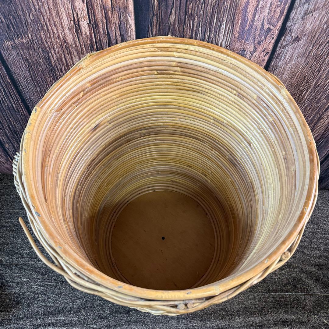 ラタン ランドリー ラタン製 筒型バスケット アンティーク 古民具 かご 蓋付き