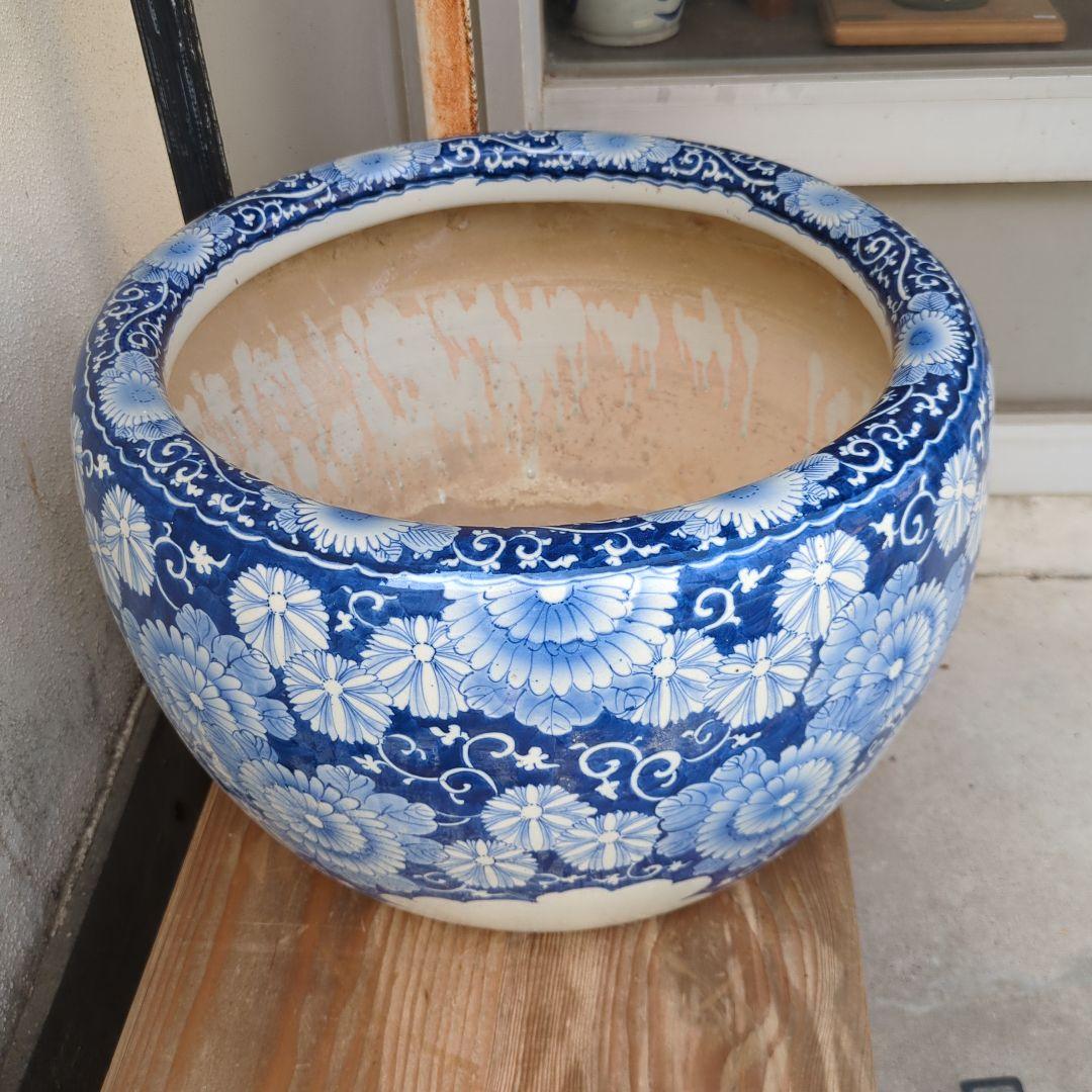 骨董 火鉢 染め付け モダン レトロ花 メダカ 睡蓮鉢 金魚 テーブル