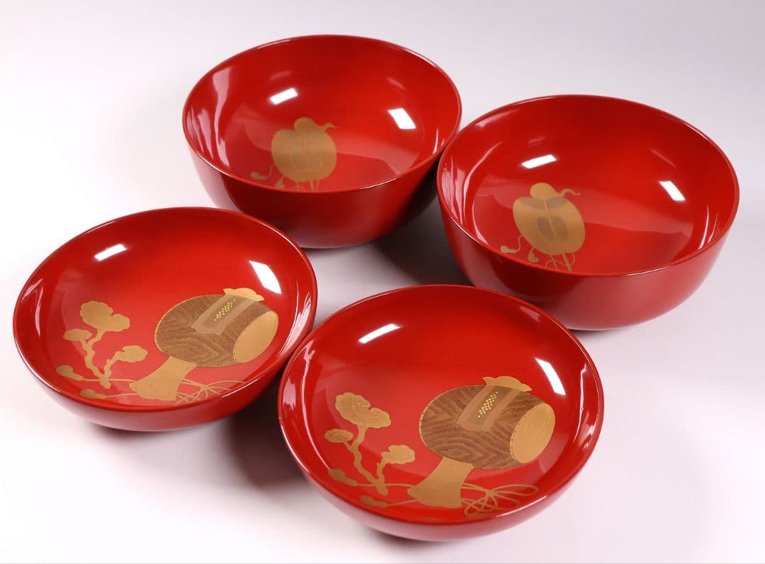 【CM360】輪島塗 宝尽くし金蒔絵 朱塗椀 二客 小槌 軍配 霊芝 木製漆器