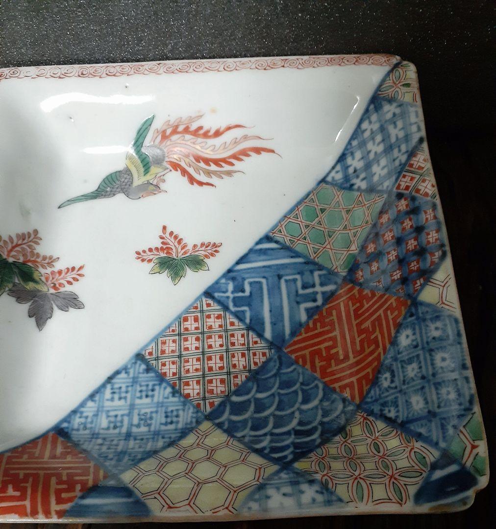 【珠玉逸品❗️】江戸時代　古伊万里　柿右衛門様式　鳳凰に桐　区割り文様　四方深皿