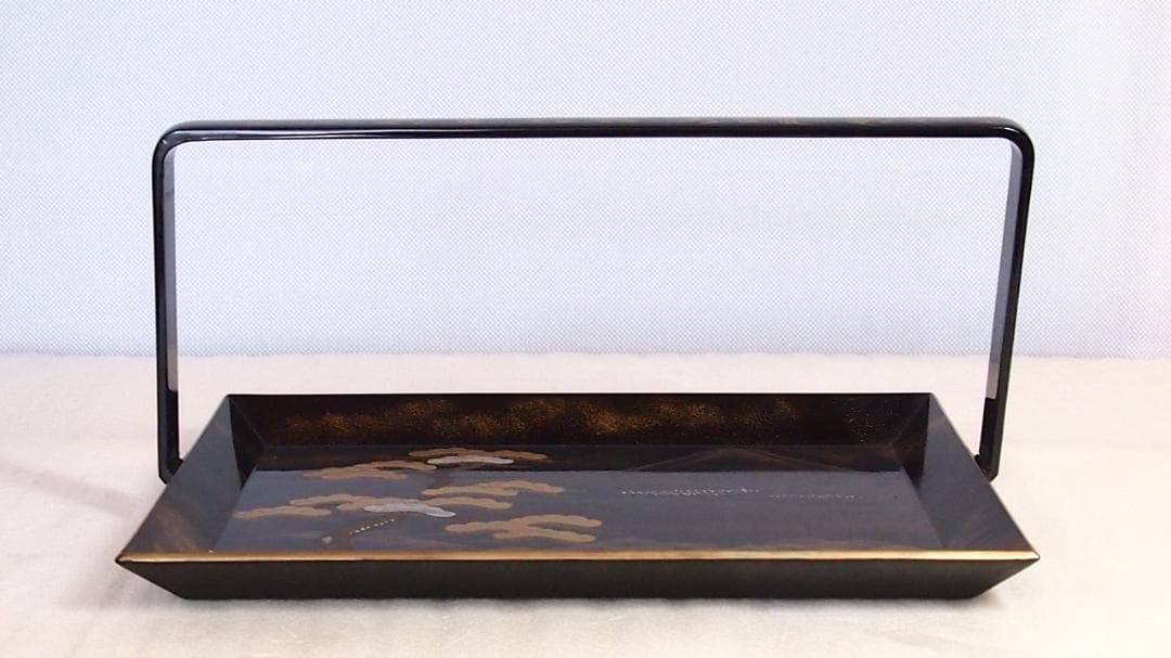 【骨董・良品】山水蒔絵 手付き盆 大小2点 三保の松原の図 古道具 検:輪島塗