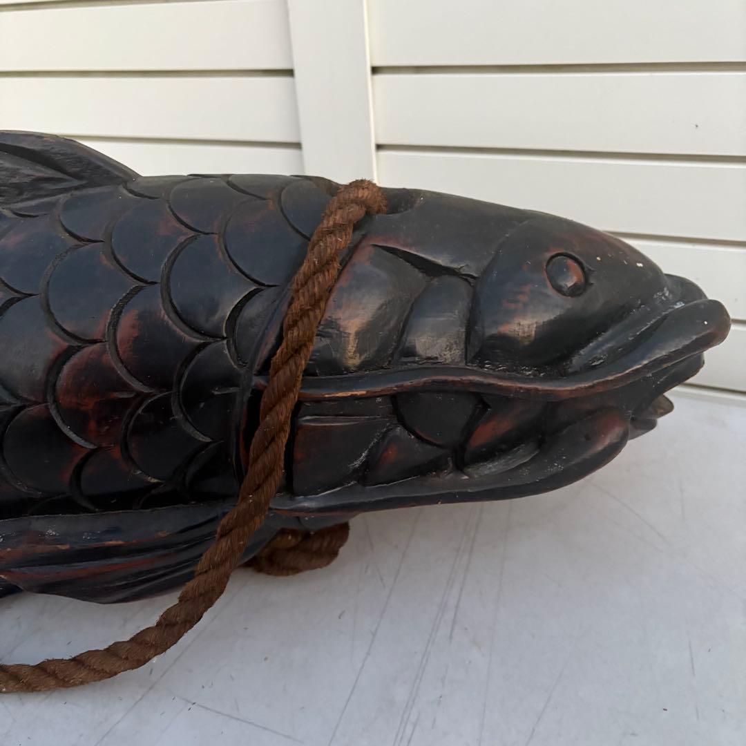 古作■自在鉤 無垢材 鯉型 精緻彫刻 吊り縄 鉄鈎付き 囲炉裏 古道具