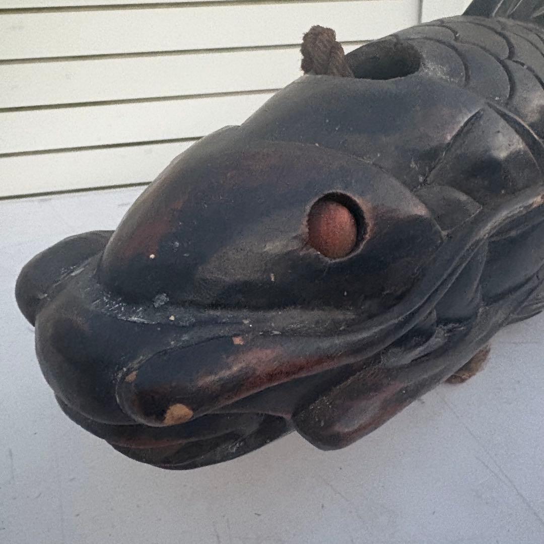 古作■自在鉤 無垢材 鯉型 精緻彫刻 吊り縄 鉄鈎付き 囲炉裏 古道具