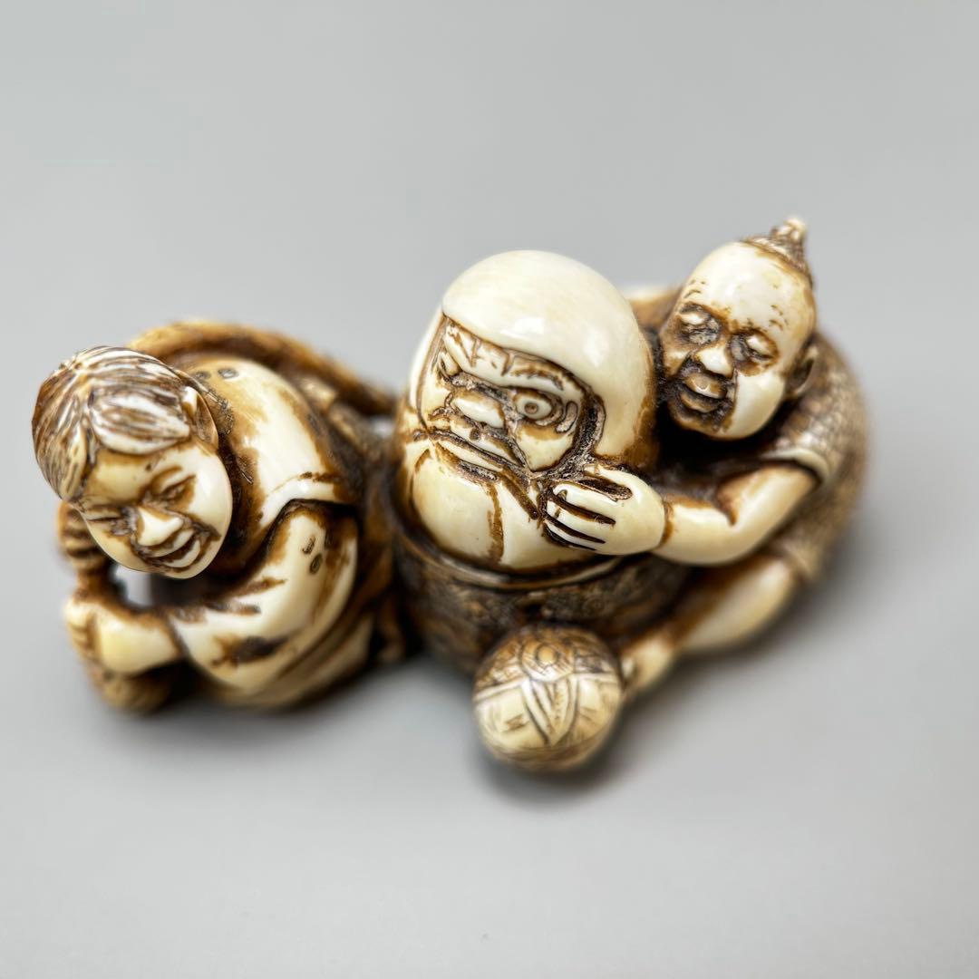三人のキャラクター 彫刻極上根付天然素材アンティーク骨董飾り物古美術置物細密細工