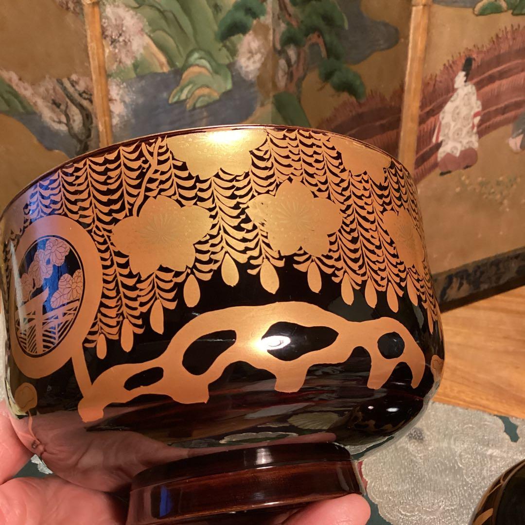 Ａ913 木製輪島塗　枝垂桜蒔絵　時代物　盃洗　1対　（合わせ箱付）