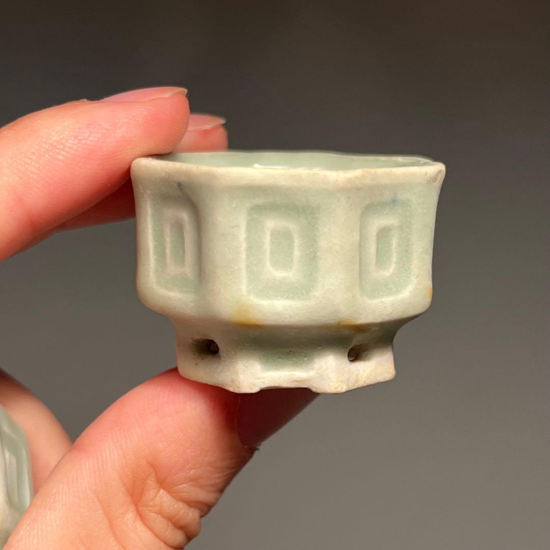 797.夢陶 青磁釉八角豆鉢2 点 ミニ鉢 盆栽鉢3.6*3.8*2.7cm