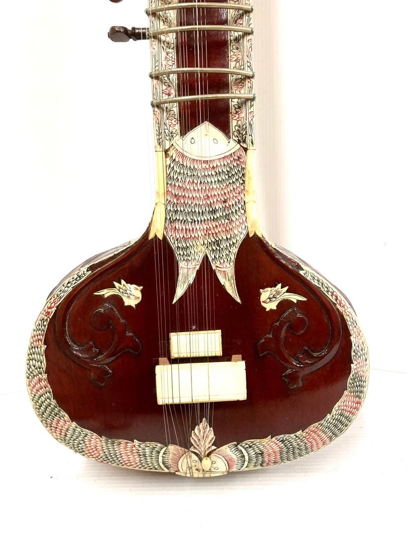 インド民族楽器◆シタール 全長124cm ピック／ハードケース付き 希少