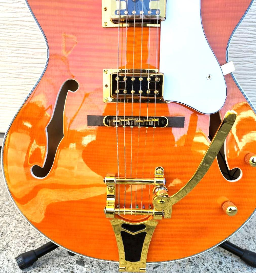 フルアコアーチトップギター③　オレンジ虎目トレモロアーム　ステンレスフレット
