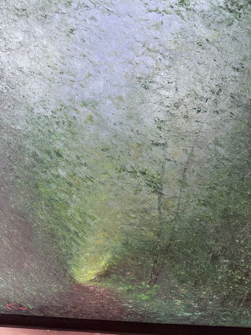 板垣文雄 油彩画 NO.1953 1988年制作　山形県古寺への経にて黒檀額付き