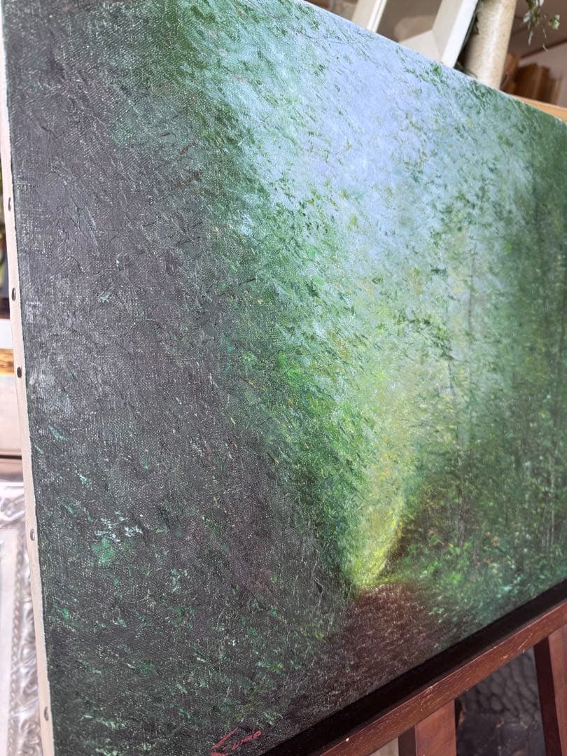 板垣文雄 油彩画 NO.1953 1988年制作　山形県古寺への経にて黒檀額付き