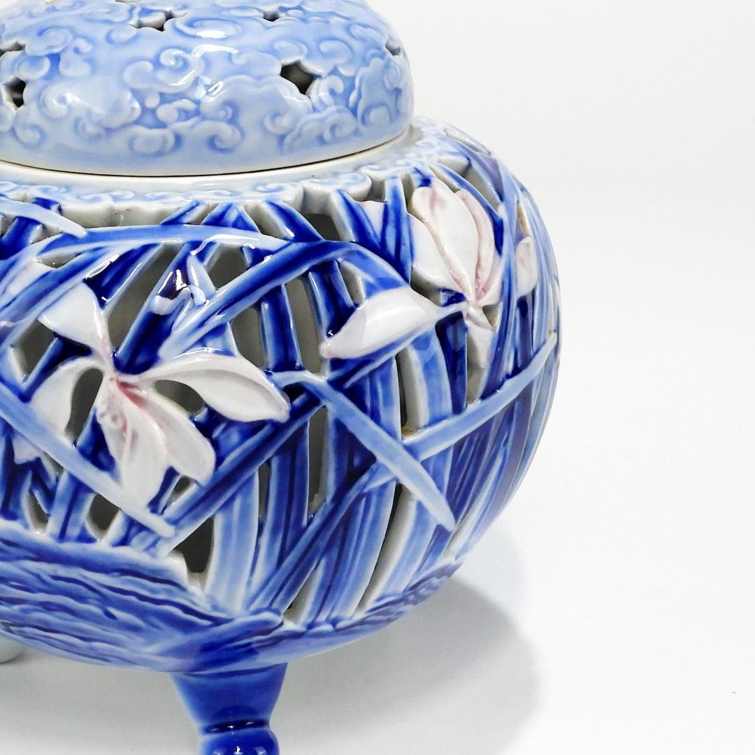 深川製　蘭彫刻 香炉 共箱