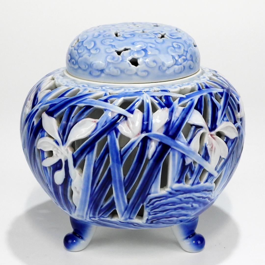 深川製　蘭彫刻 香炉 共箱