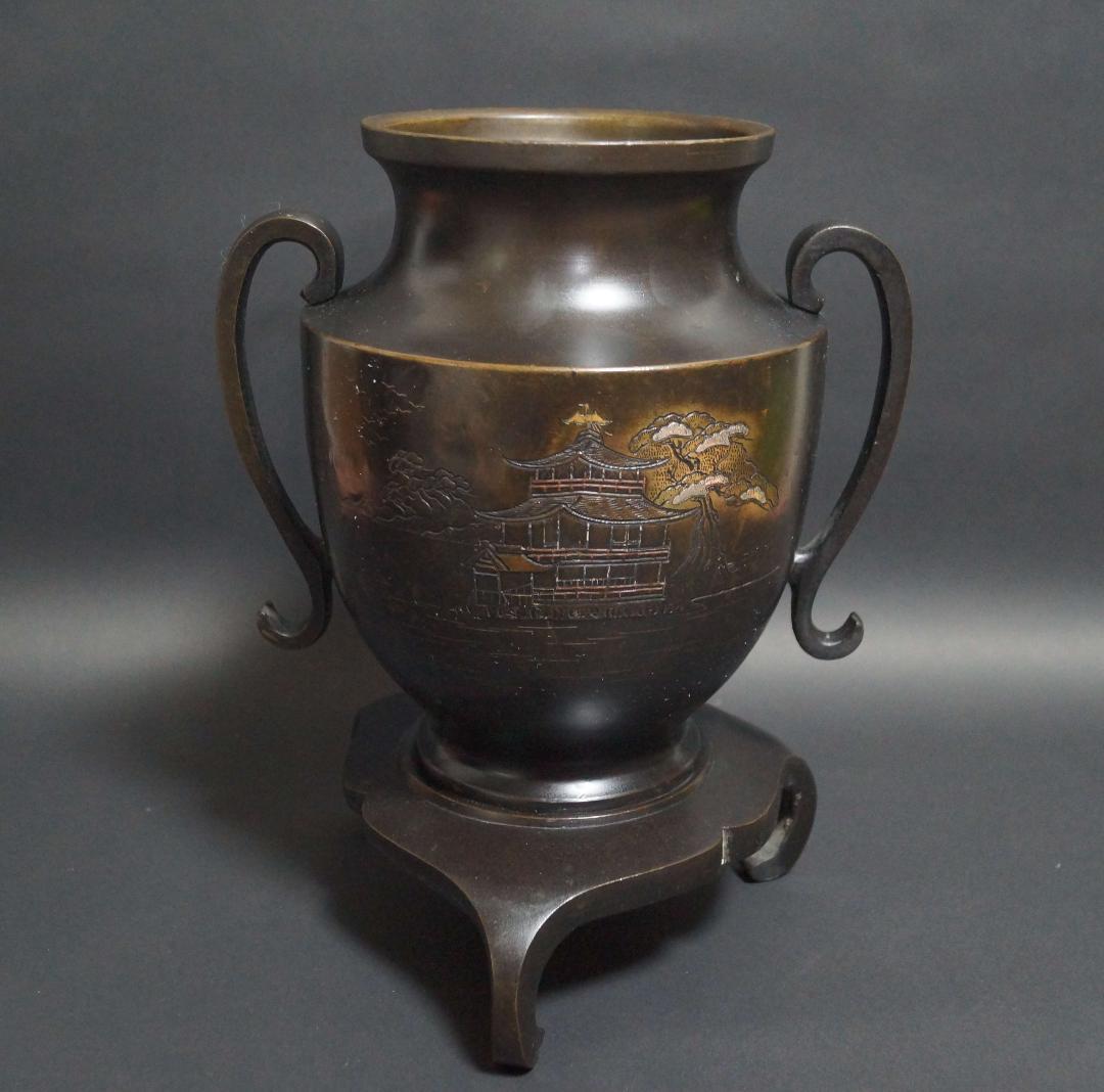 華道 花器 金工細工 銅製金銀象嵌『金閣寺』薄端 生け花 ヴィンテージ★時代物★