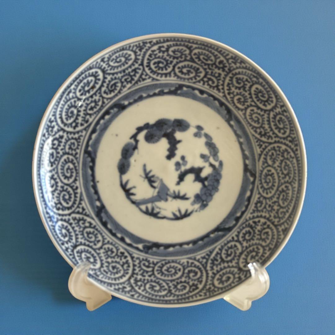 有田 伊万里 染付 印判手 小皿 蛸唐草 渦唐草 見返し蓮弁 見込 花文 竹葉