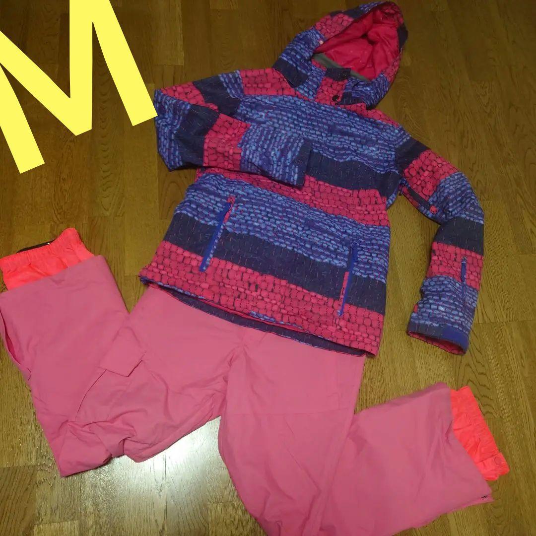 【美品】ROXY　スノボウェア　上下セットＭ　総柄　ニット柄　ロゴ　ピンク