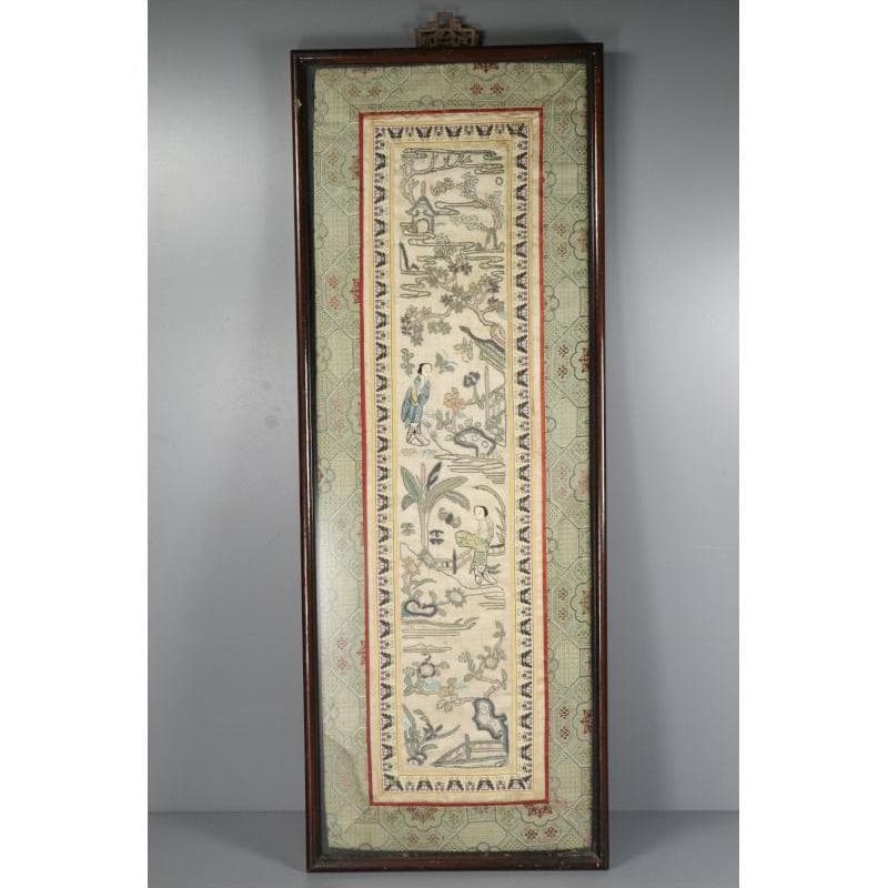 【珍】　★ 額装 才子佳人図繍片 ★　民国時期　刺繍 人物紋 亭台紋　民間織繍