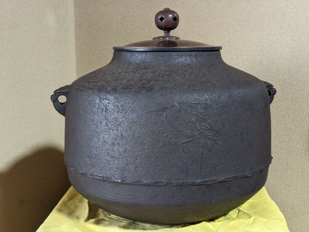 ♦茶釜 浪速の釜師 橋本辰敏作 鷺地紋 阿弥陀釜 共箱 茶道具 金属工芸 骨董品