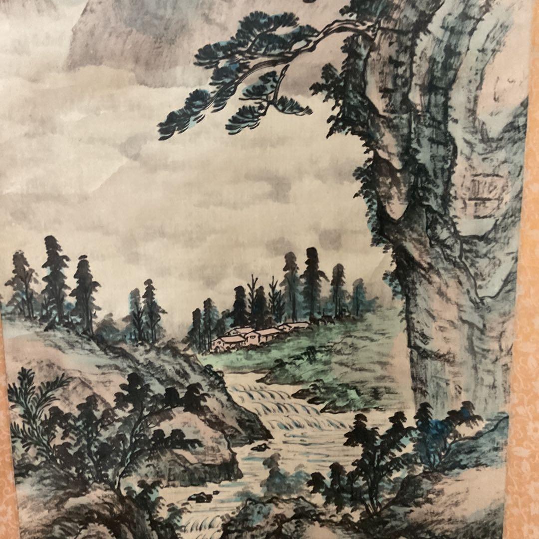 絹本彩色画山水図 【 雲 山 飛 瀑 】 月 吟 筆 合桐箱