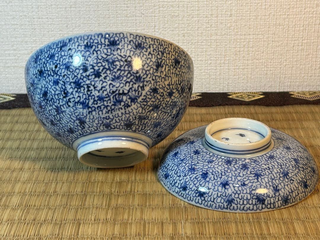 古伊万里染付 微塵唐草模様飯茶碗 江戸時代後期　2客 無傷