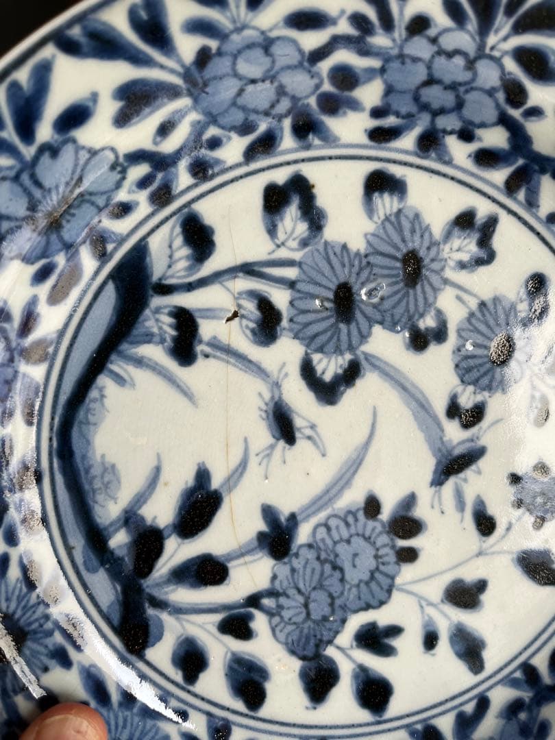 専用！古染付　桜　虫　菊　牡丹　花頭と、鳥の図芙蓉手古染付皿、合計２枚セット