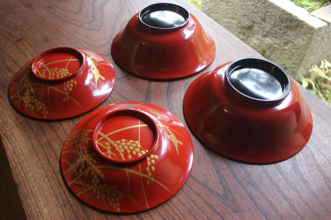 デッドストック！時代朱漆に極上稲穂雀蒔絵の映える大椀2点（検輪島塗蒔絵椀雑煮椀