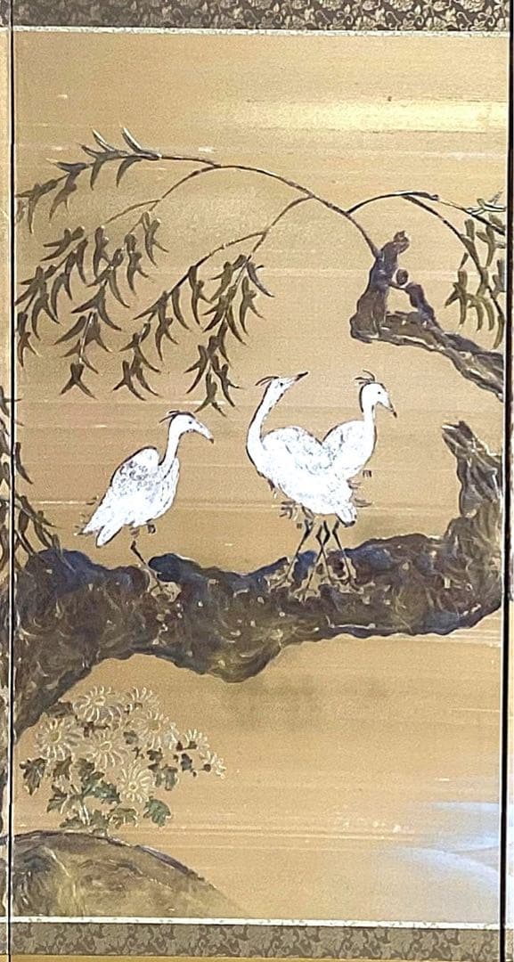 四つ折り屏風　日本画　金箔彩色　『柳に鷺』