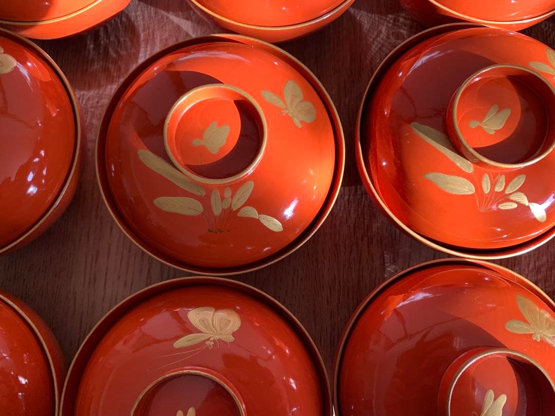 最終価格(9日迄) 輪島塗 沈金蒔絵吸物椀14客　大正3年　時代物　すみれと蝶々