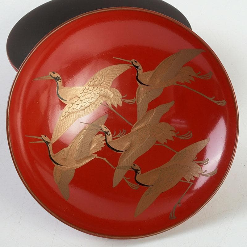 和食器　朱塗　鶴蒔絵　椀　盃　時代箱　V　9585