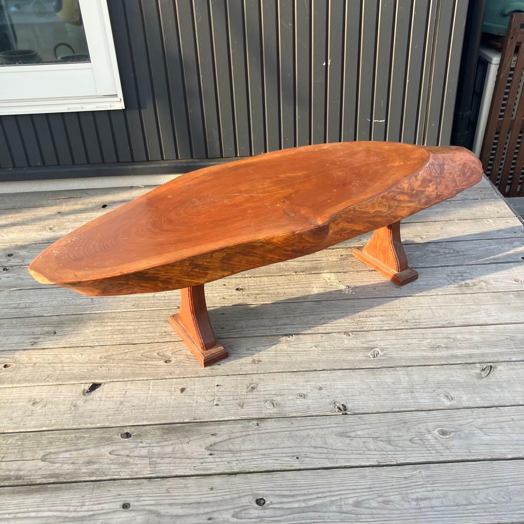 ①昭和レトロ 木製 天然木 欅材 一枚板 脚付き 座卓 センターテーブル 楕円形