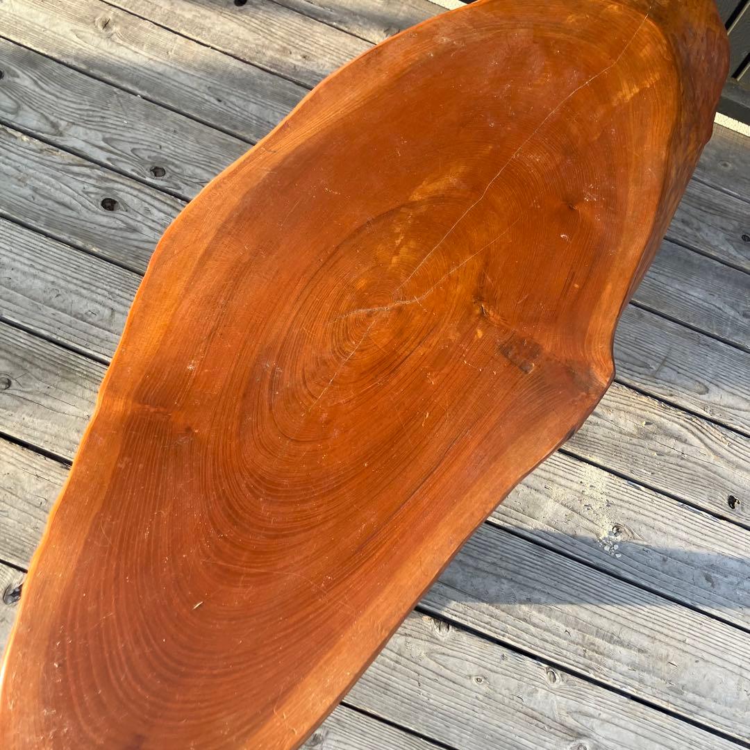 ①昭和レトロ 木製 天然木 欅材 一枚板 脚付き 座卓 センターテーブル 楕円形