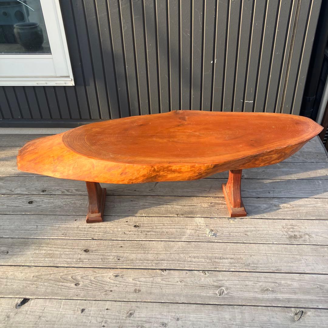 ①昭和レトロ 木製 天然木 欅材 一枚板 脚付き 座卓 センターテーブル 楕円形